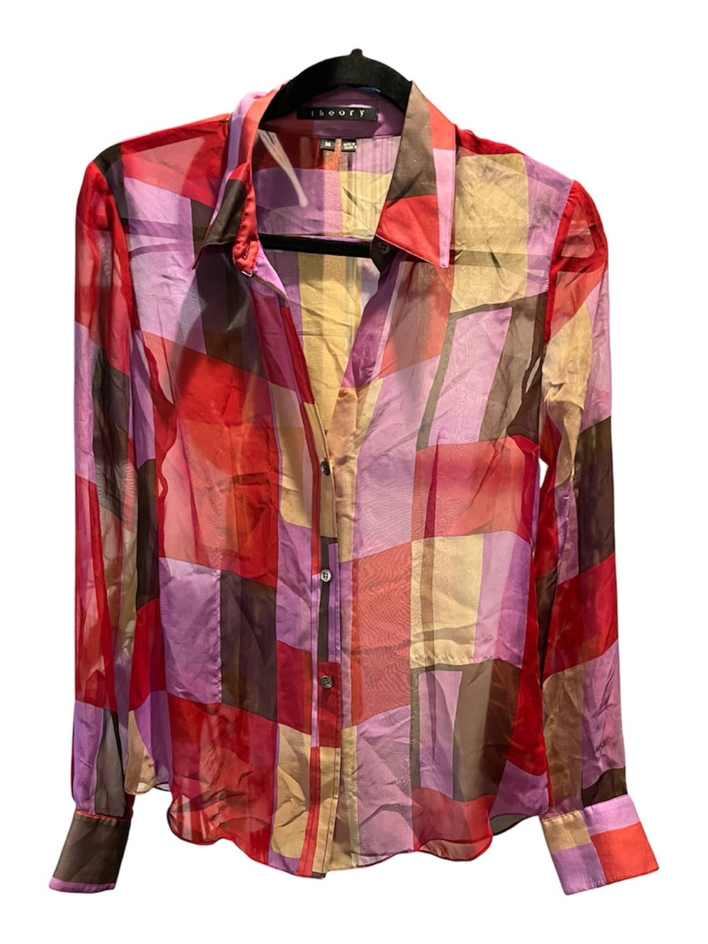 Theory Red Multi Patchwork Sheer Button-Down Blouse